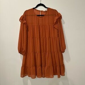 ENTRO Ruffle Long Sleeve Dress with Swiss Dot Detail